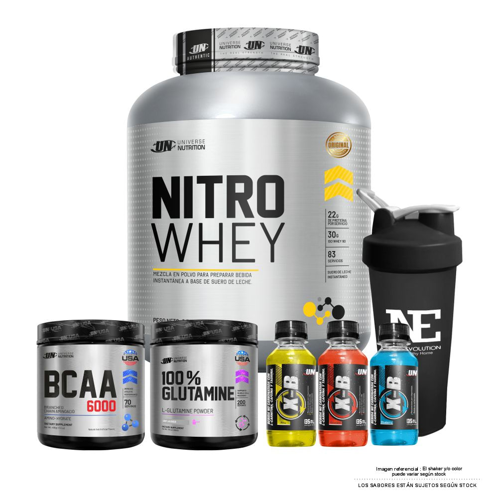 COMBO UNIVERSE - NITRO WHEY 2.5 KG. CHOCOLATE + BCAA 490GR. FRUIT PUNCH + GLUTAMINE 500 GR. + SHAKER