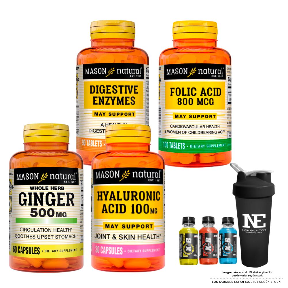 COMBO VITAMINAS MASON-  ENZIMAS DIGESTIVAS + ÁCIDO FÓLICO+ GINGER (KION) + ÁCIDO HIALURÓNICO +SHAKER