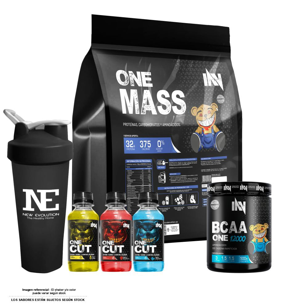 COMBO INNOVATE NUTRITION - ONE MASS 5 KG. CHOCOLATE + BCAA ONE 12000 500 GR. FRUIT PUNCH + SHAKER