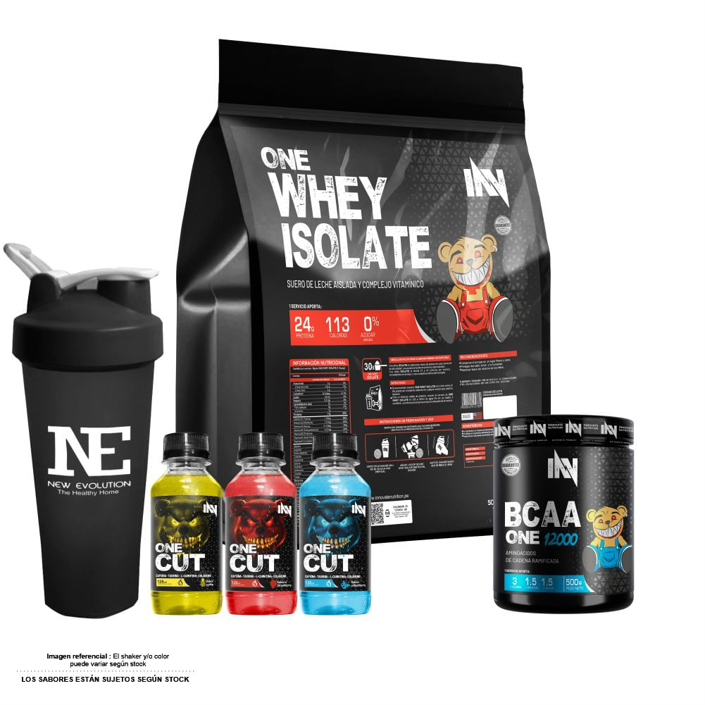 COMBO INNOVATE NUTRITION - ONE WHEY ISOLATE 5 KG. COOKIE + BCAA ONE 500 GR. FRUIT PUNCH + SHAKER