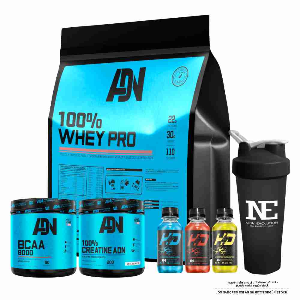 COMBO ADN - 100% WHEY PRO 3 KG. VAINILLA+ BCAA 540 GR. FRUIT PUNCH+ 100% CREATINE ADN 500GR. +SHAKER