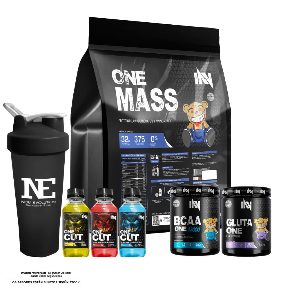 COMBO INNOVATE - ONE MASS 5 KG. VAINILLA + GLUTA ONE 500 GR. + BCAA ONE 500 GR. FRUIT PUNCH + SHAKER