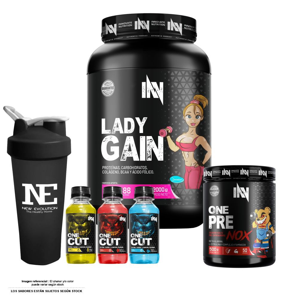 COMBO INNOVATE NUTRITION - LADY GAIN 2 KG. CHOCOLATE + ONE PRE NOX 500 GR. FRUIT PUNCH + SHAKER