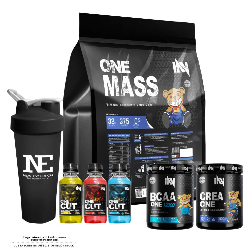 COMBO INNOVATE - ONE MASS 3 KG. CHOCOLATE + CREA ONE 500 GR. + BCAA ONE 500 GR. FRUIT PUNCH + SHAKER