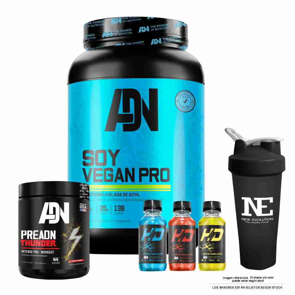 COMBO ADN NUTRITION - SOY VEGAN PRO 1.500 KG. COOKIE + PRE ADN THUNDER 352 GR. FRUIT PUNCH + SHAKER