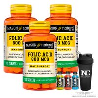 COMBO VITAMINAS MASON NATURAL - 3 ÁCIDO FÓLICO 800 MCG (100 TAB) + SHAKER