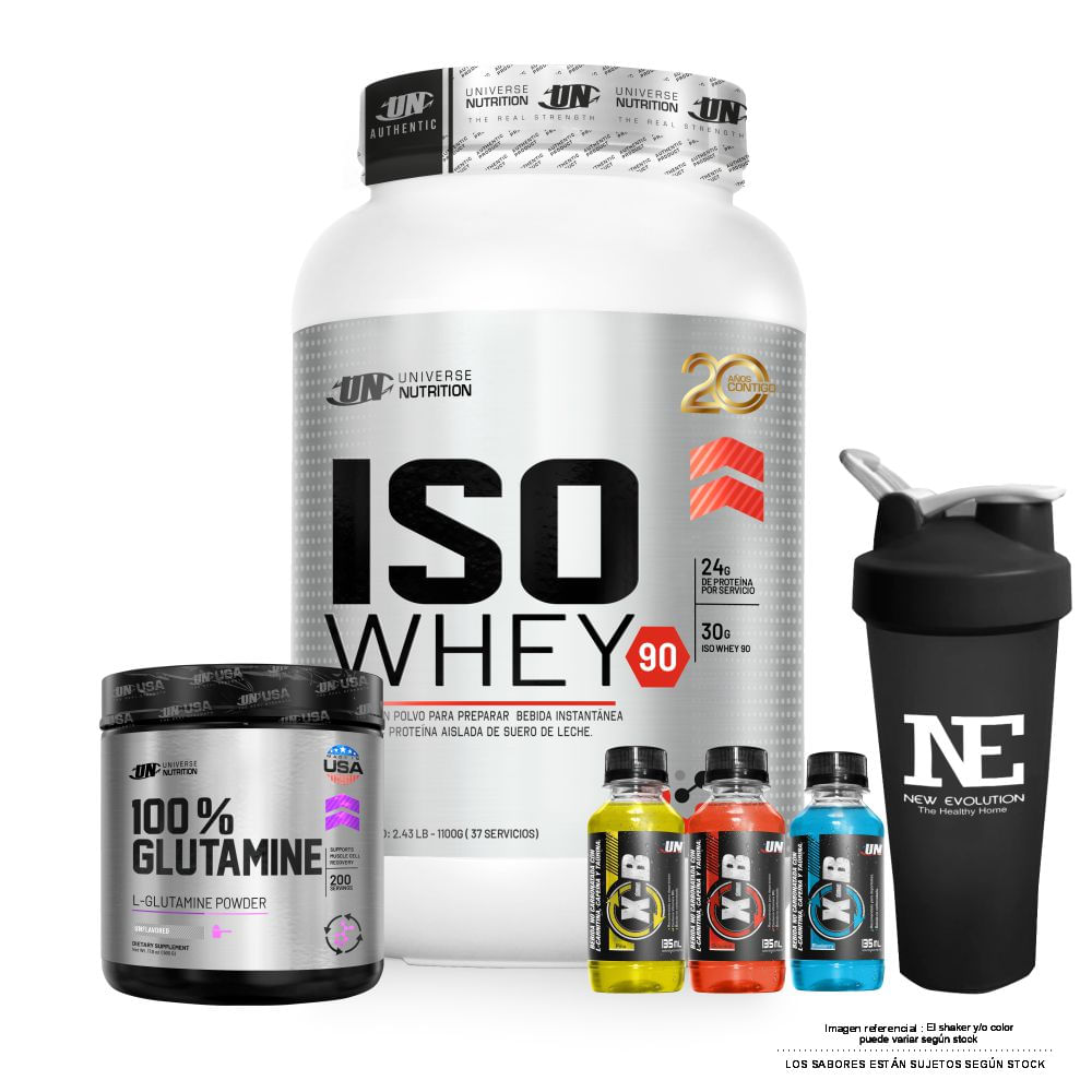 COMBO UNIVERSE NUTRITION - ISO WHEY 90 1.100 KG. VAINILLA + 100% GLUTAMINE 500 GR. + SHAKER