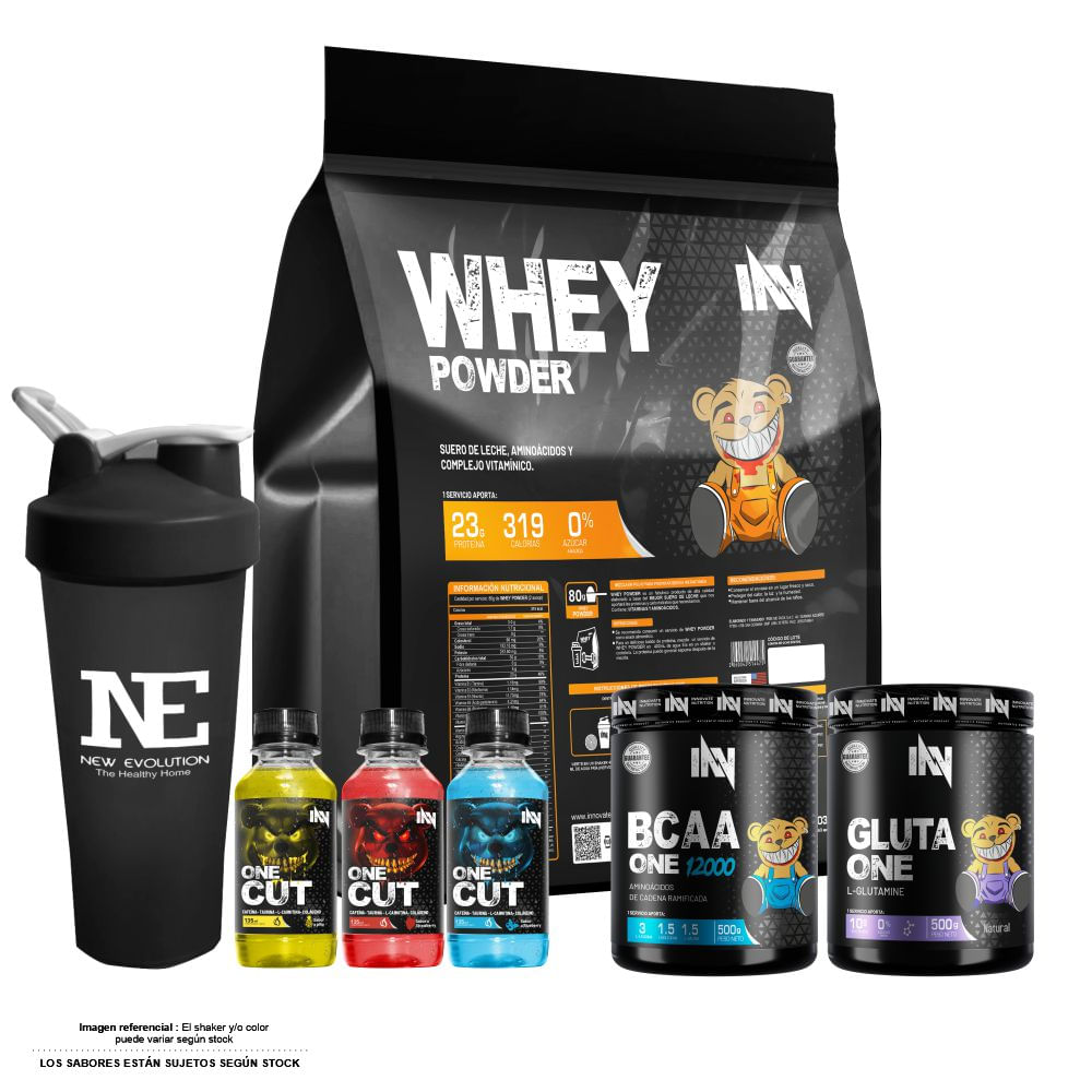 COMBO INNOVATE - WHEY POWDER 3 KG. CHOCOLATE + BCAA ONE 500GR. FRUIT PUNCH + GLUTA ONE 500GR +SHAKER