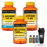COMBO VITAMINAS MASON NATURAL- L-ARGININA 500 MG (60 CAP)+ LUTEÍNA 6 MG + MELATONINA 500 MCG +SHAKER