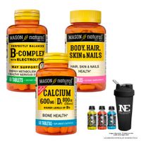 COMBO VITAMINAS MASON- COMPLEJO B + MULTIVITA. PARA CABELLO,PIEL,UÑAS+ CALCIO 600MG D3 800IU +SHAKER