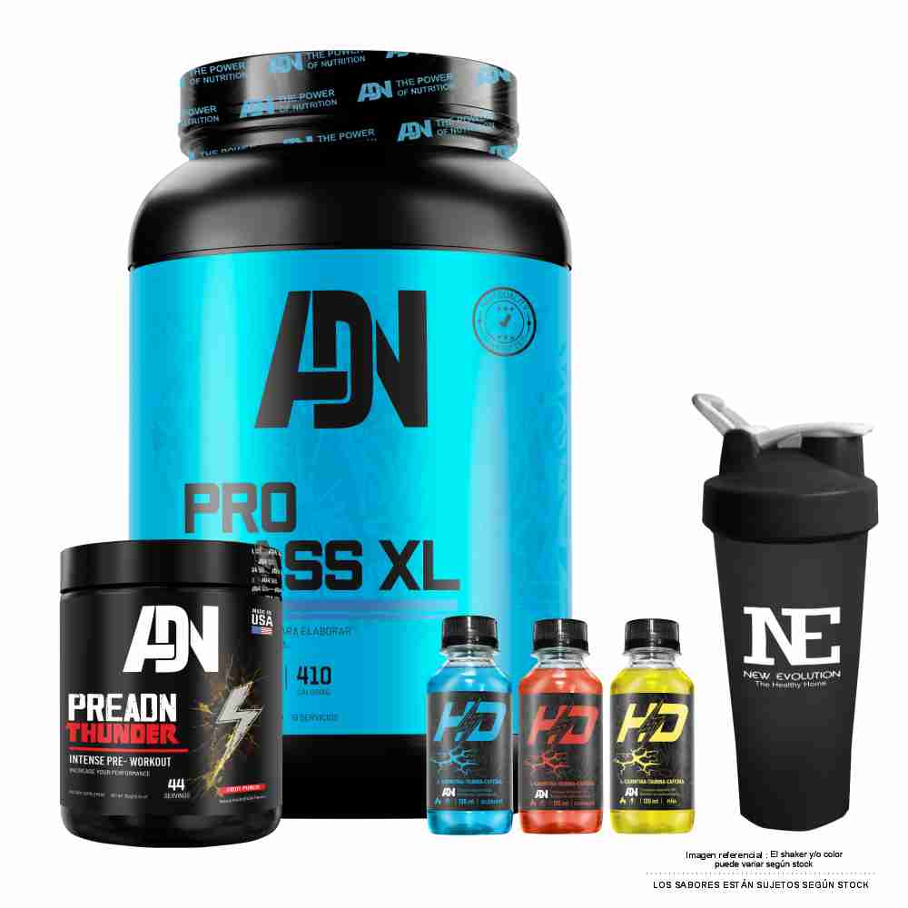 COMBO ADN NUTRITION - PRO MASS XL 2 KG. COOKIE + PRE ADN THUNDER 352 GR. UVA + SHAKER