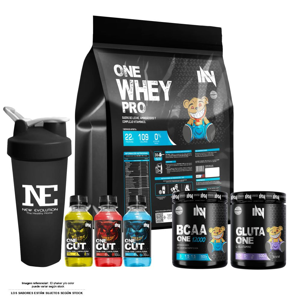 COMBO INNOVATE - ONE WHEY PRO 5 KG. CHOCOLATE + GLUTA ONE 500 GR. + BCAA ONE 500 GR. NARANJA +SHAKER