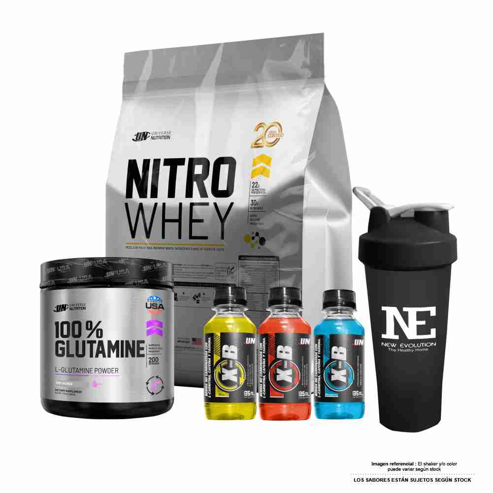 COMBO UNIVERSE NUTRITION - NITRO WHEY 5 KG. CHOCOLATE + 100% GLUTAMINE 500 GR. + SHAKER