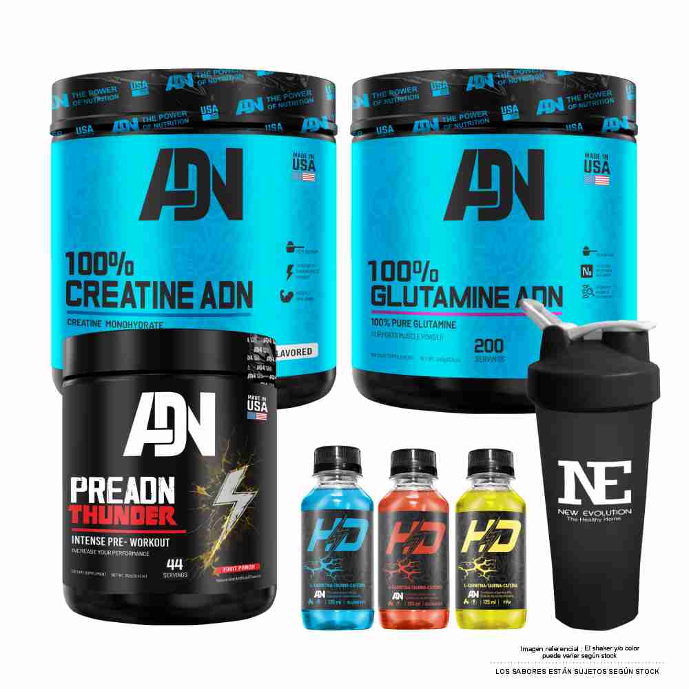 COMBO ADN - 100% CREATINE ADN 500GR + 100% GLUTAMINE ADN 500GR + PRE ADN THUNDER 352 GR. UVA +SHAKER