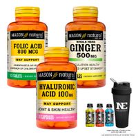 COMBO VITAMINAS MASON NATURAL- ÁCIDO FÓLICO 800MCG + GINGER (KION) 500MG + ÁCIDO HIALURÓNICO +SHAKER
