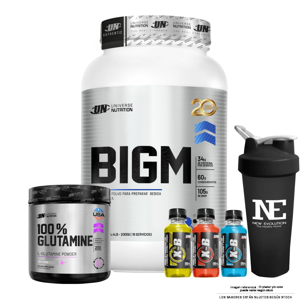 COMBO UNIVERSE NUTRITION - BIGM 2 KG. CHOCOLATE + 100% GLUTAMINE 500 GR. + SHAKER