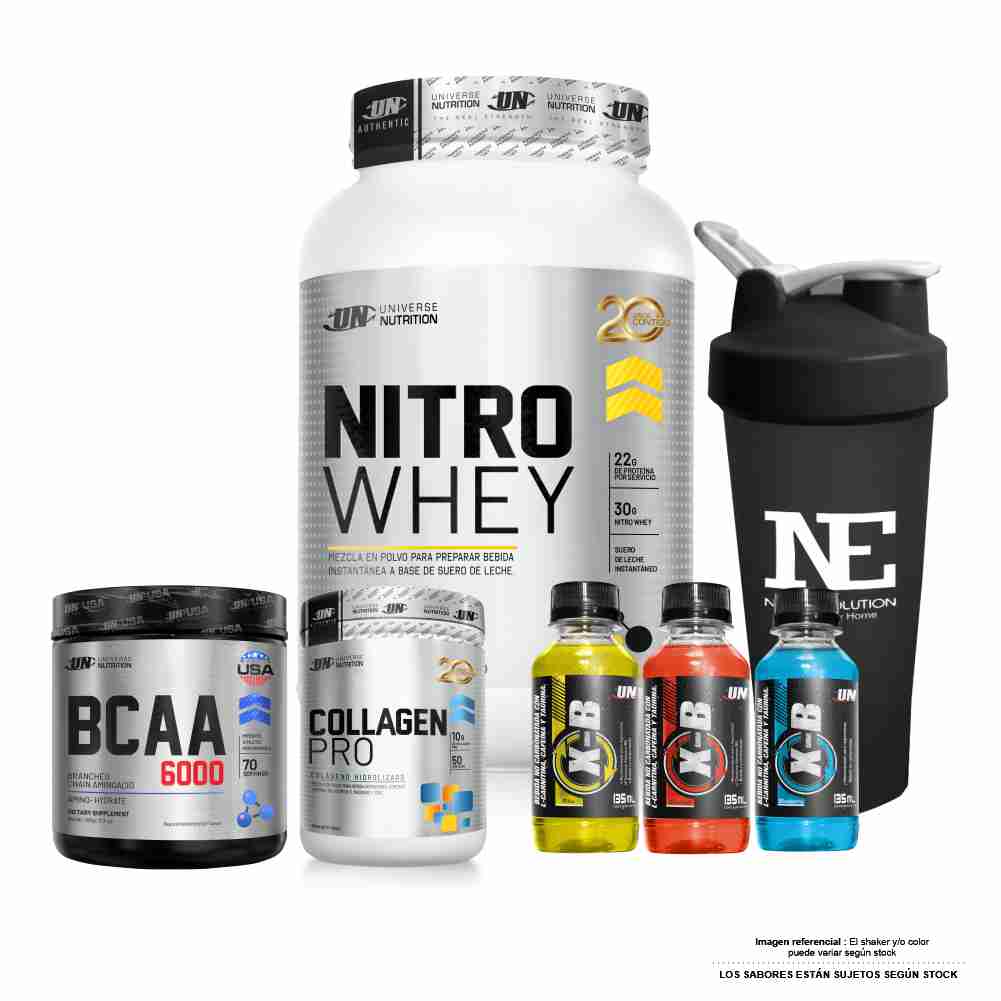 COMBO UNIVERSE- NITRO WHEY 1.1KG. CHOCOLATE+BCAA 490G FRUITPUNCH+COLLAGEN PRO 500G FRUITPUNCH+SHAKER