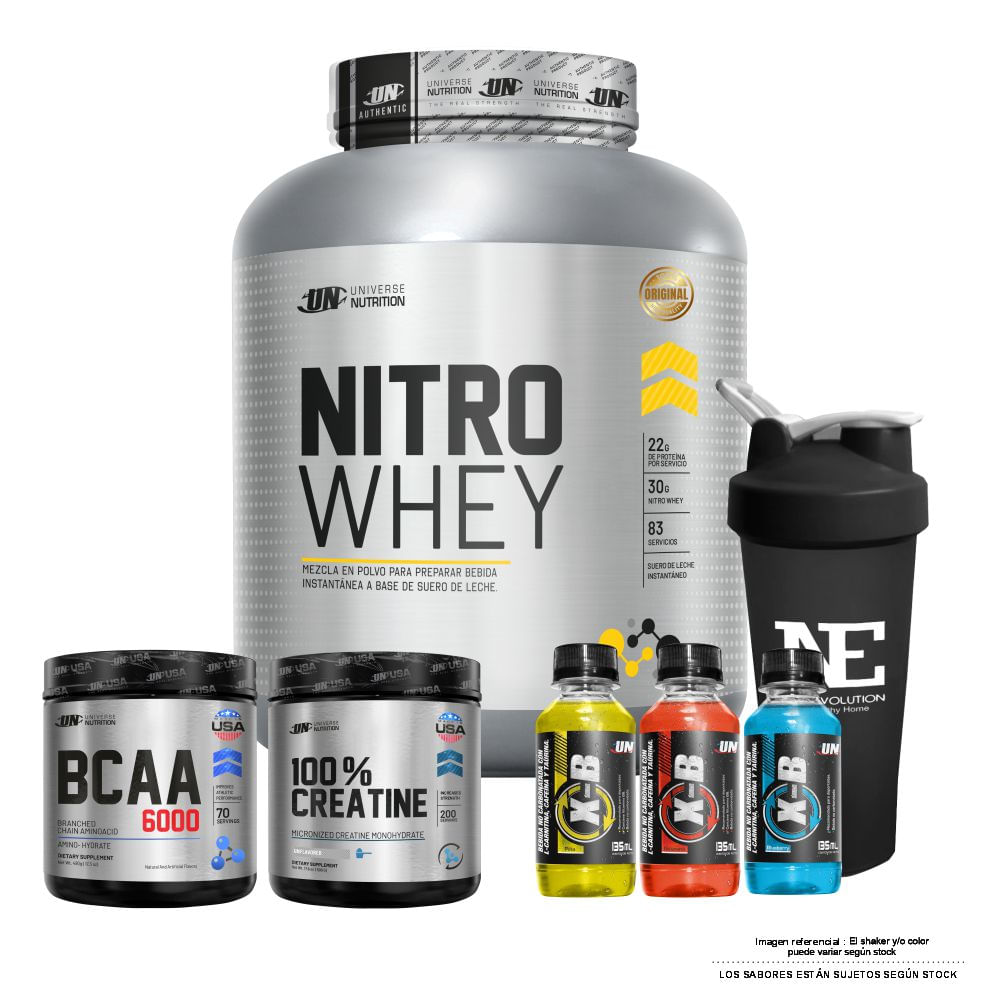 COMBO UNIVERSE - NITRO WHEY 2.5 KG. COOKIE + 100% CREATINE 500GR. + BCAA 490GR. FRUIT PUNCH + SHAKER