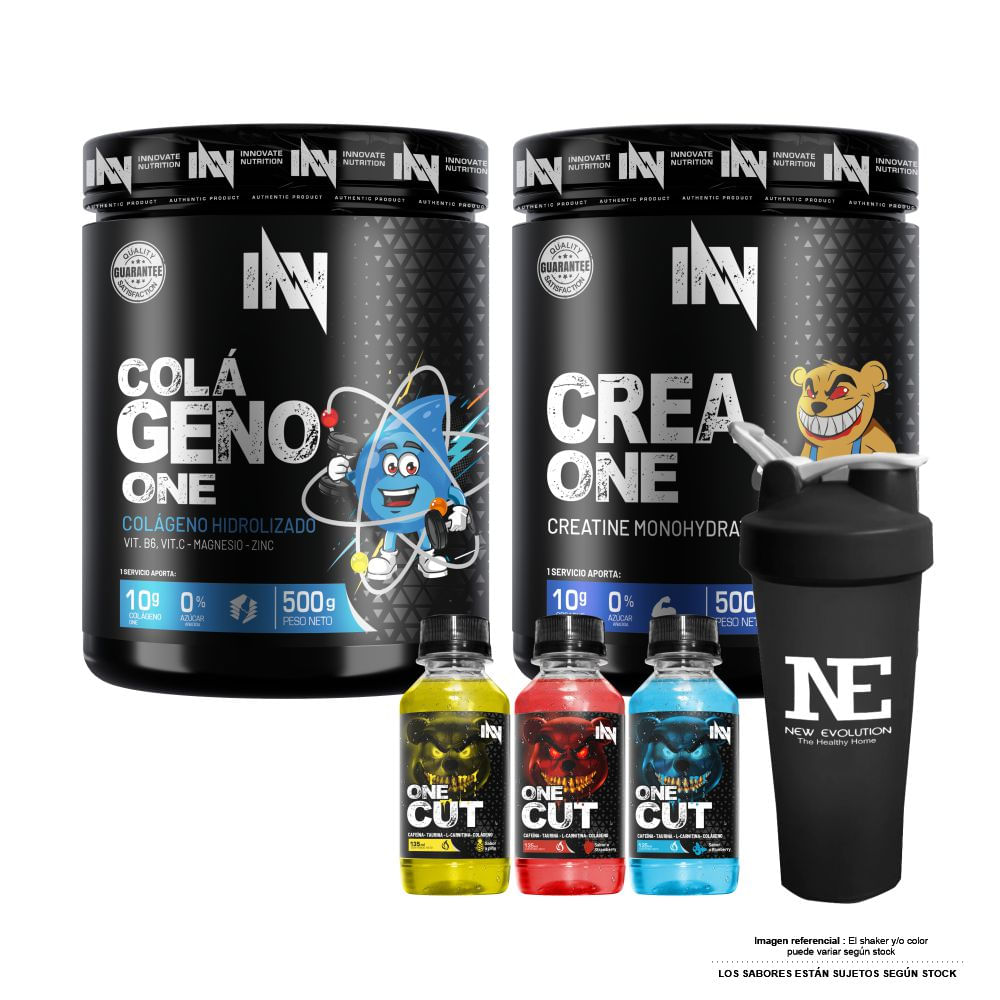 COMBO INNOVATE NUTRITION - CREA ONE 500 GR. + COLÁGENO ONE 500 GR. FRUIT PUNCH + SHAKER