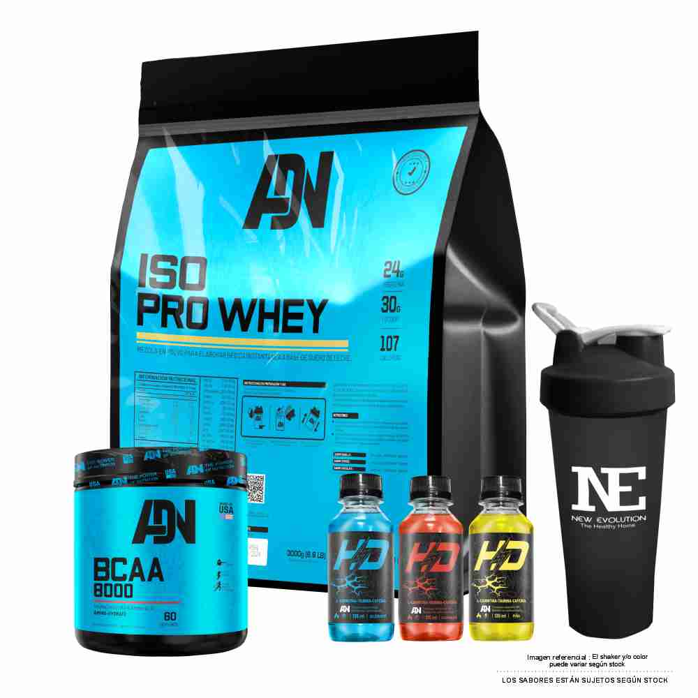 COMBO ADN NUTRITION - ISO PRO WHEY 5 KG. COOKIE + BCAA 8000 540 GR. FRUIT PUNCH + SHAKER