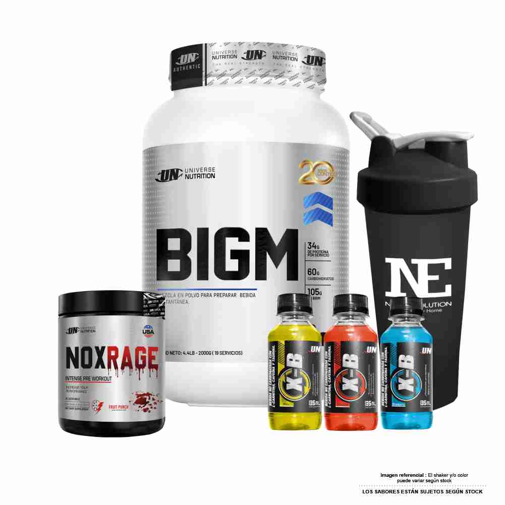 COMBO UNIVERSE NUTRITION - BIGM 2 KG. VAINILLA + NOX RAGE 350 GR. CITRUS PUNCH + SHAKER