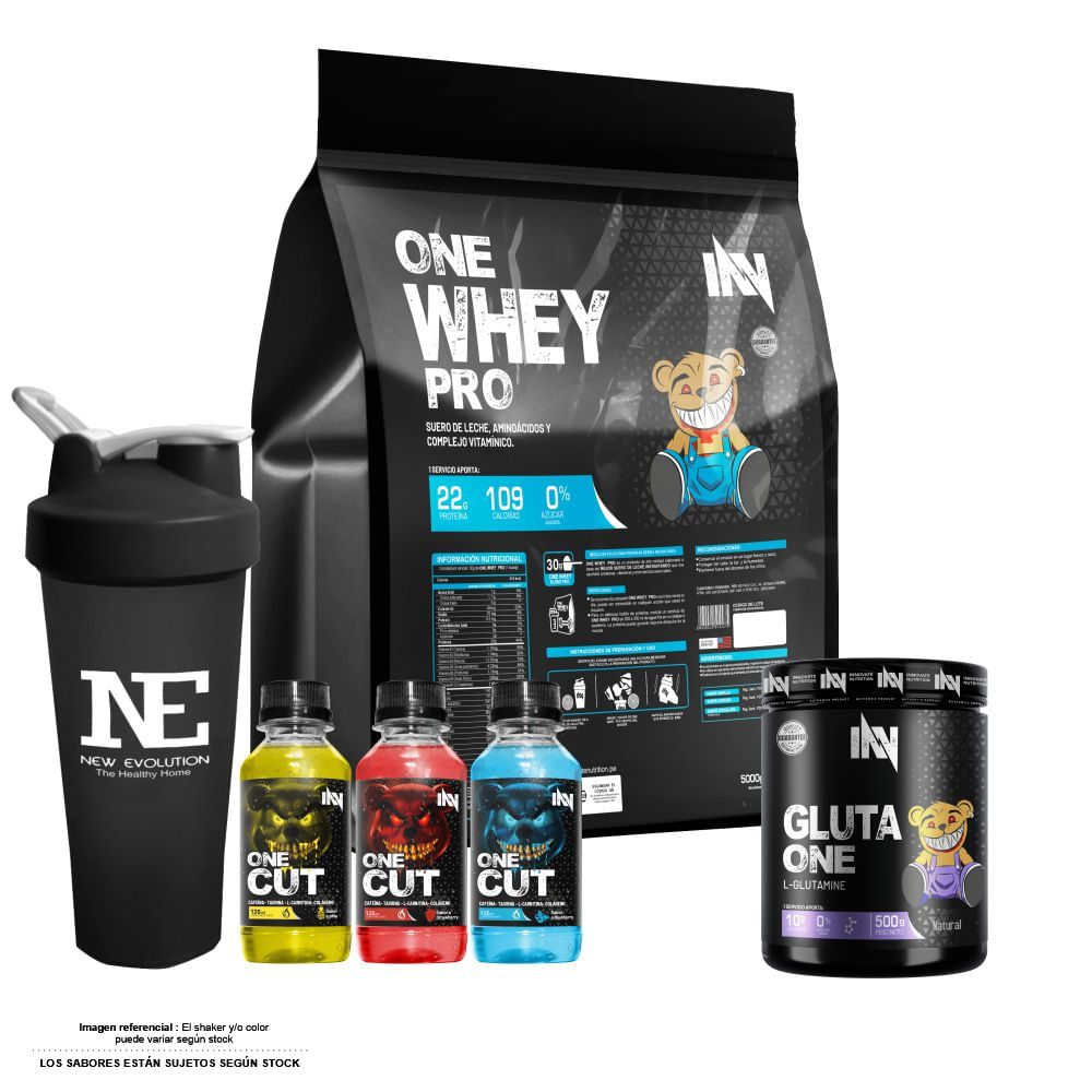 COMBO INNOVATE NUTRITION - ONE WHEY PRO 5 KG. VAINILLA + GLUTA ONE 500 GR. + SHAKER