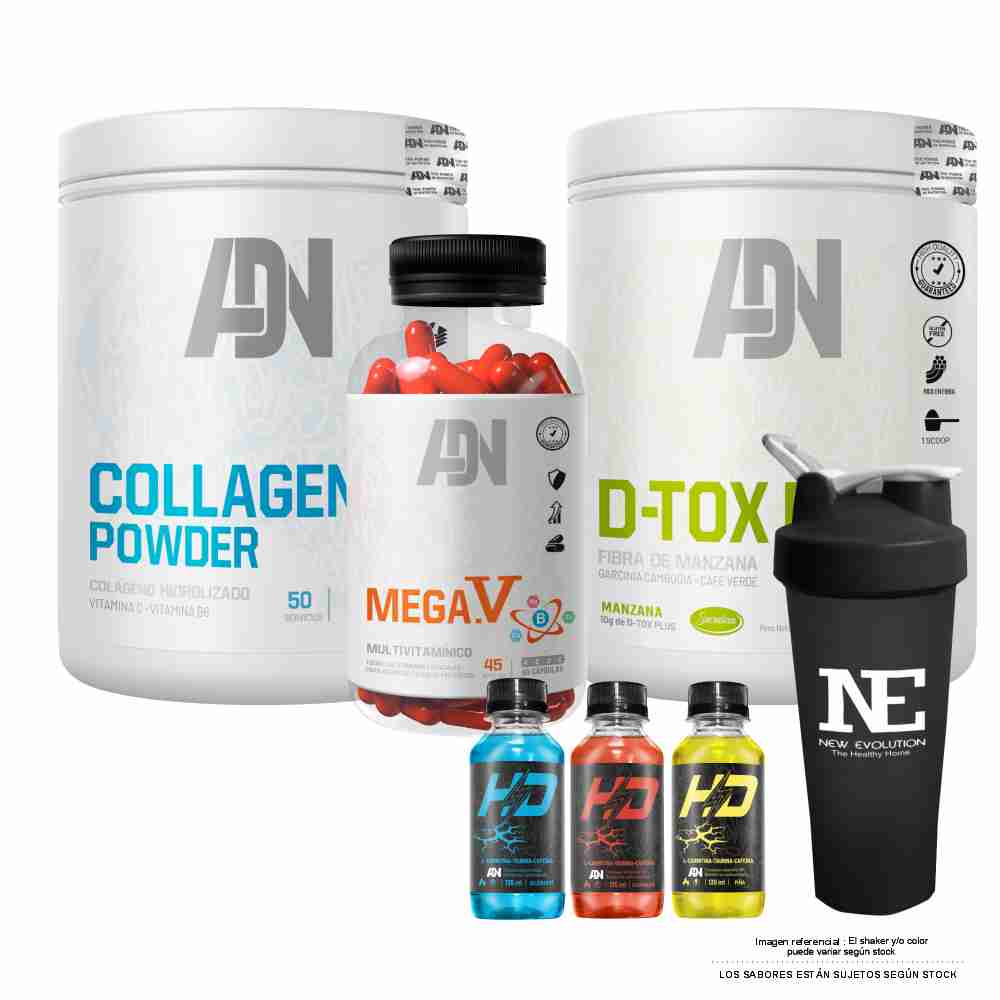 COMBO ADN NUTRITION - D-TOX PLUS 500 GR. +  MEGA.V + COLLAGEN POWDER 500 GR. FRUIT PUNCH + SHAKER