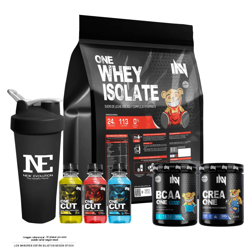 COMBO INNOVATE - ONE WHEY ISOLATE 5 KG. CHOCOLATE + CREA ONE 500GR + BCAA ONE 500GR NARANJA + SHAKER