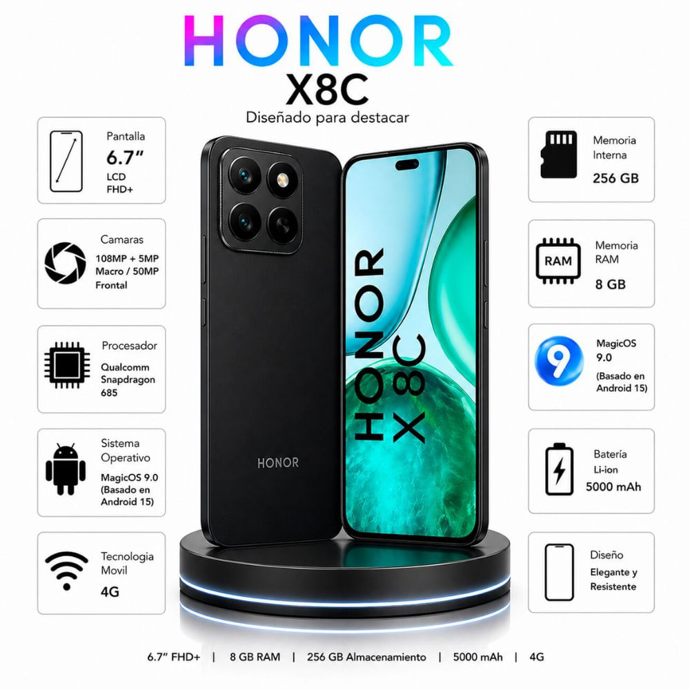 Celular Honor X8C 6.7 - 8GB RAM 256GB - Negro Medianoche