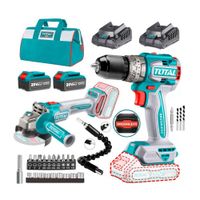 Taladro Percutor Atornillador + Amoladora Brushless + 2 Cargador + 2 Baterías+21 Acces.