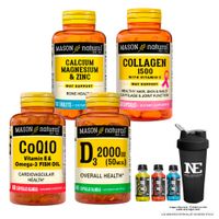 COMBO VITAMINAS MASON - CALCIO,MAGNESIO Y ZINC + COLÁGENO 1500 PLUS + CoQ10 + D-3 2000 UI + SHAKER