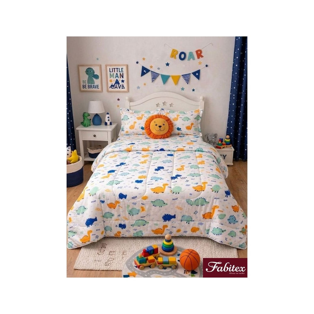 Cubrecama Kids Dino Aventura Algodón Pima 2 Plazas - Fabitex