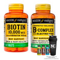 COMBO VITAMINAS MASON NATURAL - COMPLEJO B CON ELECTROLITOS + BIOTINA 10,000 PLUS 100 MG + SHAKER