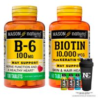 COMBO VITAMINAS MASON NATURAL - VITAMINA B-6 100 MG + BIOTINA 10,000 PLUS KERATINA 100 MG + SHAKER