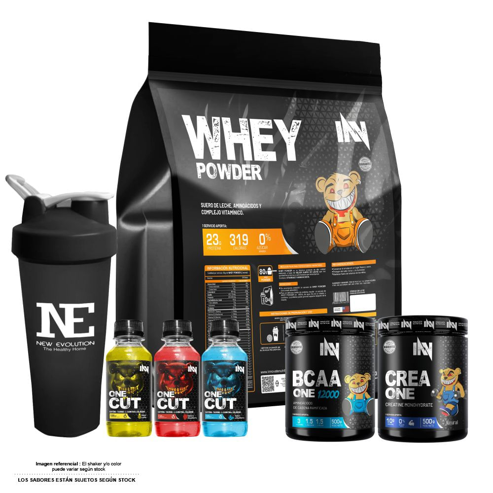 COMBO INNOVATE - WHEY POWDER 5 KG. COOKIE + CREA ONE 500 GR. + BCAA ONE 500 GR. NARANJA + SHAKER