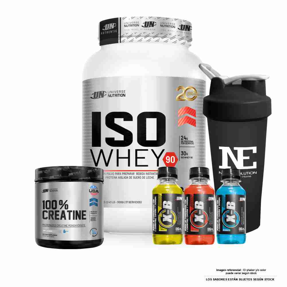 COMBO UNIVERSE NUTRITION - ISO WHEY 90 1.100 KG. VAINILLA + 100% CREATINE 500 GR. + SHAKER