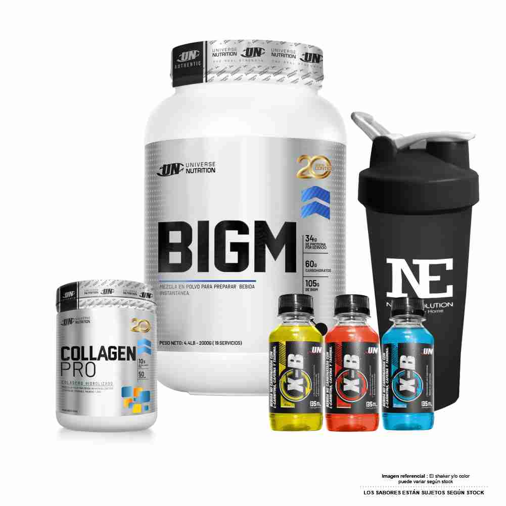 COMBO UNIVERSE NUTRITION - BIGM 2 KG. VAINILLA + COLLAGEN PRO 500 GR. FRUIT PUNCH + SHAKER
