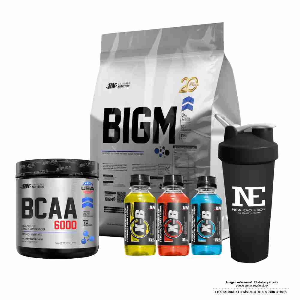 COMBO UNIVERSE NUTRITION - BIGM 3 KG. VAINILLA +  BCAA 6000 490 GR. FRUIT PUNCH + SHAKER