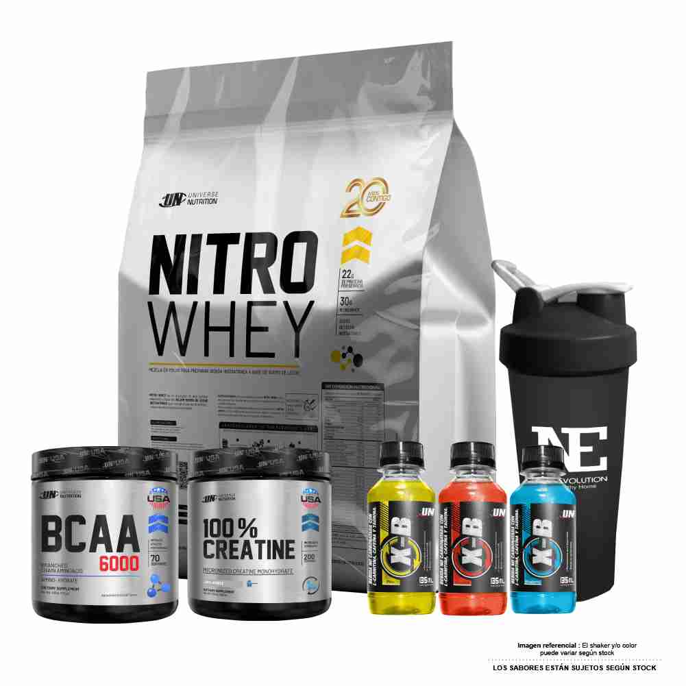 COMBO UNIVERSE - NITRO WHEY 5 KG. VAINILLA + 100% CREATINE 500GR. + BCAA 490GR. FRUIT PUNCH + SHAKER
