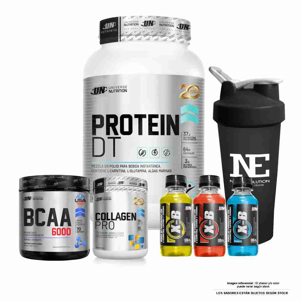COMBO UNIVERSE - PROTEIN DT 1.5 KG. COOKIE + BCAA 490GR FRUITPUNCH +COLLAGEN PRO 500G SANDIA +SHAKER