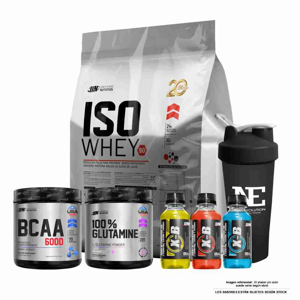 COMBO UNIVERSE - ISO WHEY 90 5 KG. CHOCOLATE + GLUTAMINE 500 GR. + BCAA 490GR. FRUIT PUNCH + SHAKER