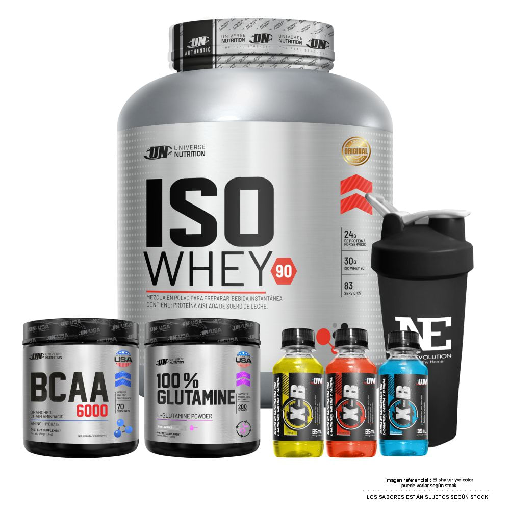 COMBO UNIVERSE - ISO WHEY 90 2.5 KG. COOKIE + GLUTAMINE 500 GR. + BCAA 490 GR. FRUIT PUNCH + SHAKER