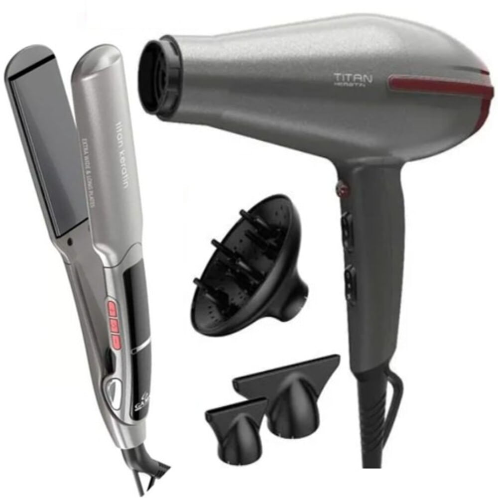Combo GAMA Titan Keratin Plancha X-wide mas Secadora Titan Keratin