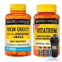 COMBO VITAMINAS MASON NATURAL - VEIN ERECT MACA + VITATRUM MULTIVITAMÍNICO & MULTIMINERAL + SHAKER