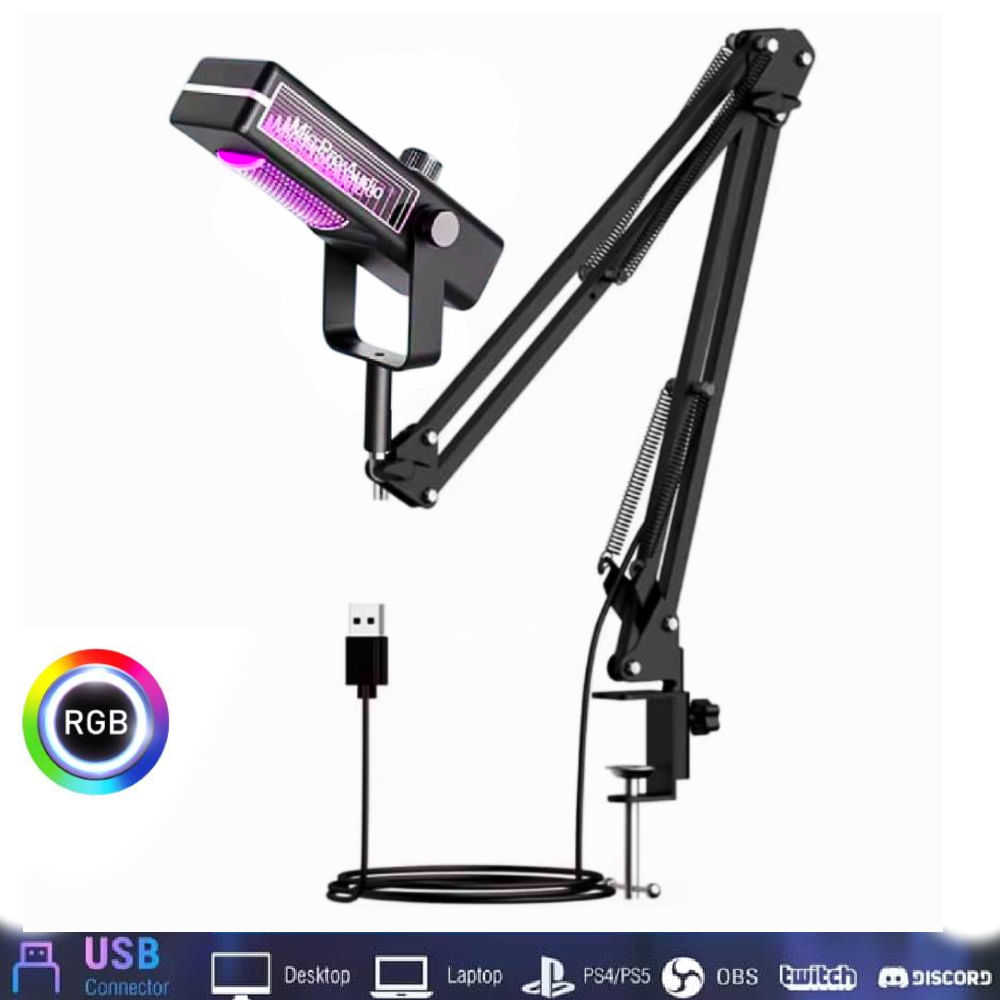 Micrófono Dinámico Para Pc Laptop USB Gamer Con Luz RGB