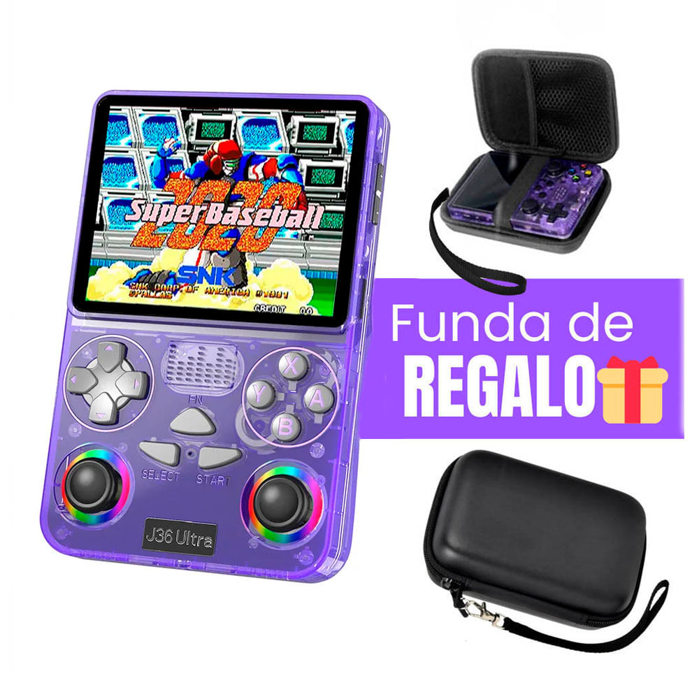 Consola de Videojuegos Portátil Retro J36 Ultra HD Morado Funda Gratis