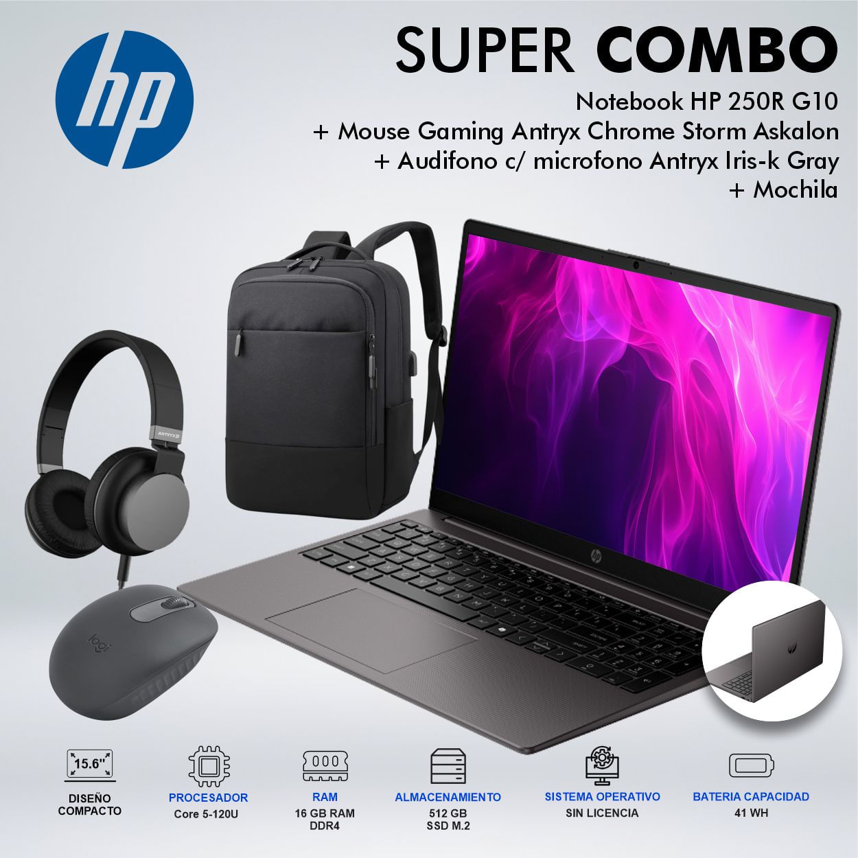 LAPTOP HP 250R G10INTEL CORE 5 120U MEMORIA 16GB DDR4 DISCO 512 GB SSD M.2