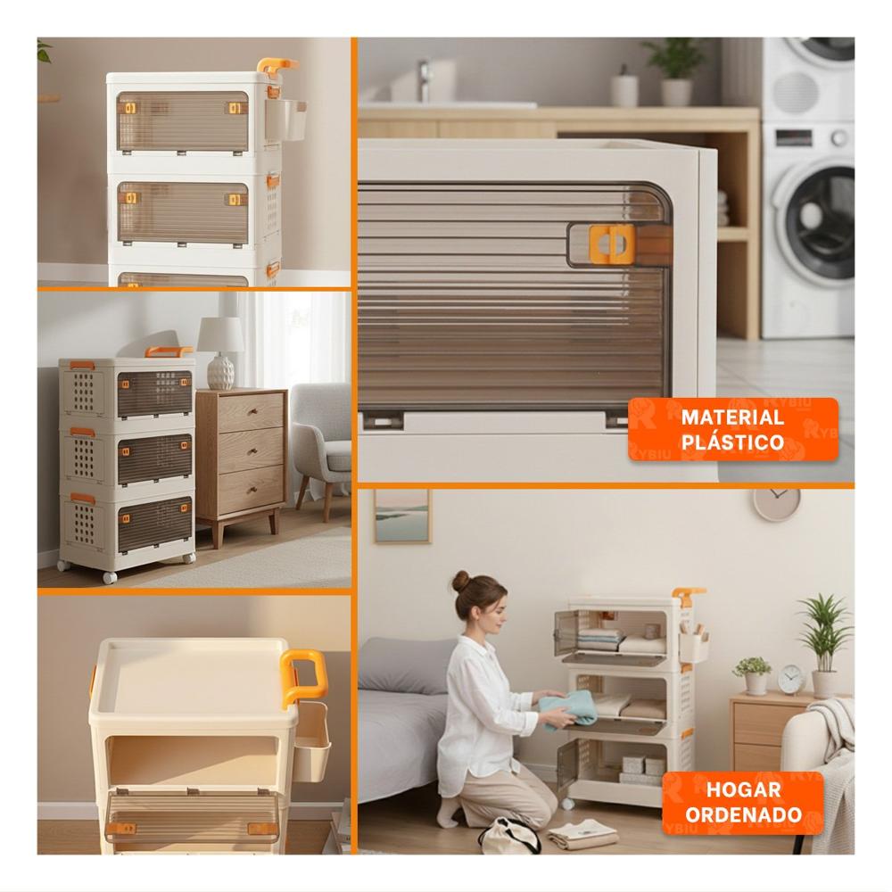 Carrito con Cajones Cerrado 3 Niveles Beige Asa Naranja para Cocina Hogar