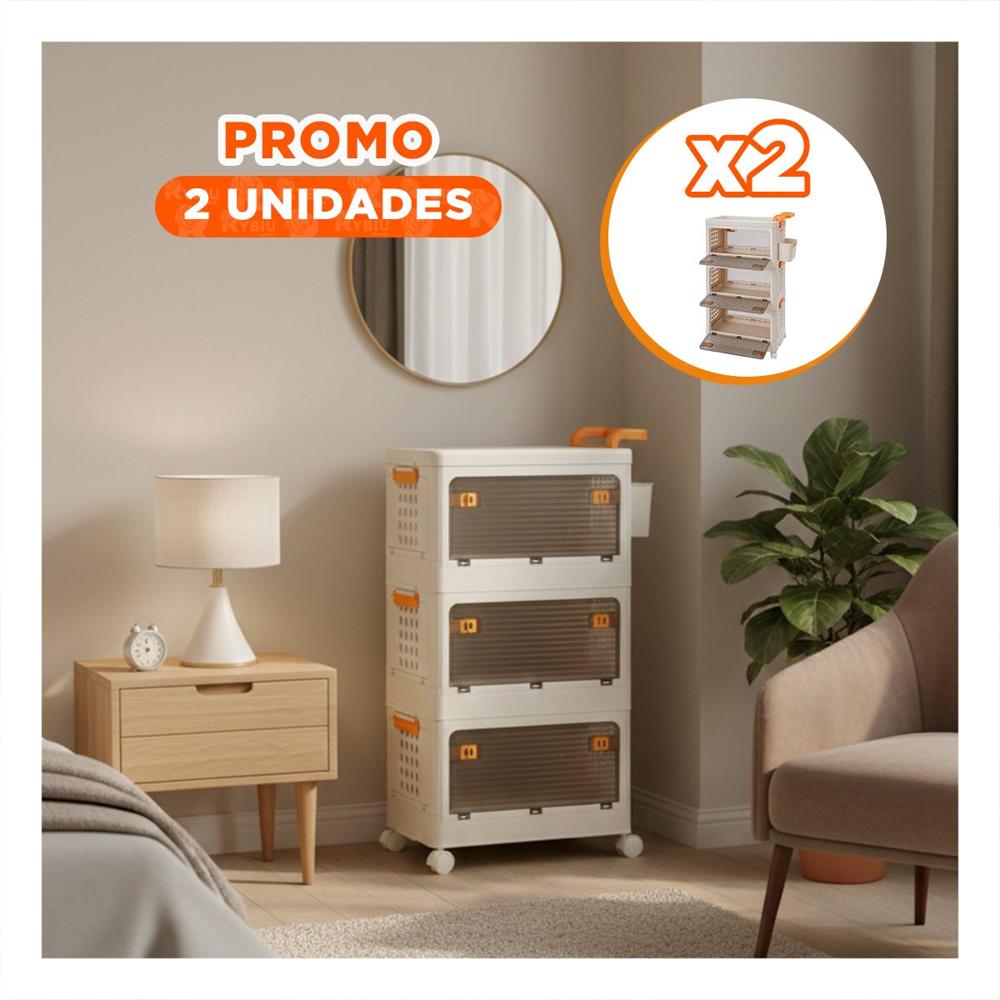 Pack2 Cajonera 3 Niveles Cerrada con Cajones Beige Asa Naranja para Dormitorio Y+Papel Regalo