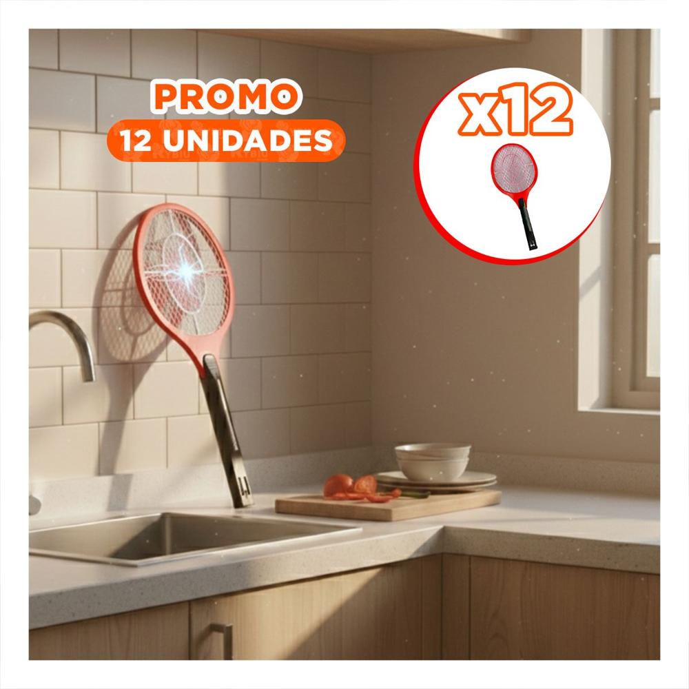 Pack12 Matamoscas Electrico Rojo Mango Negro para Hogar y Uso Practico en Casa Y+Papel Regalo